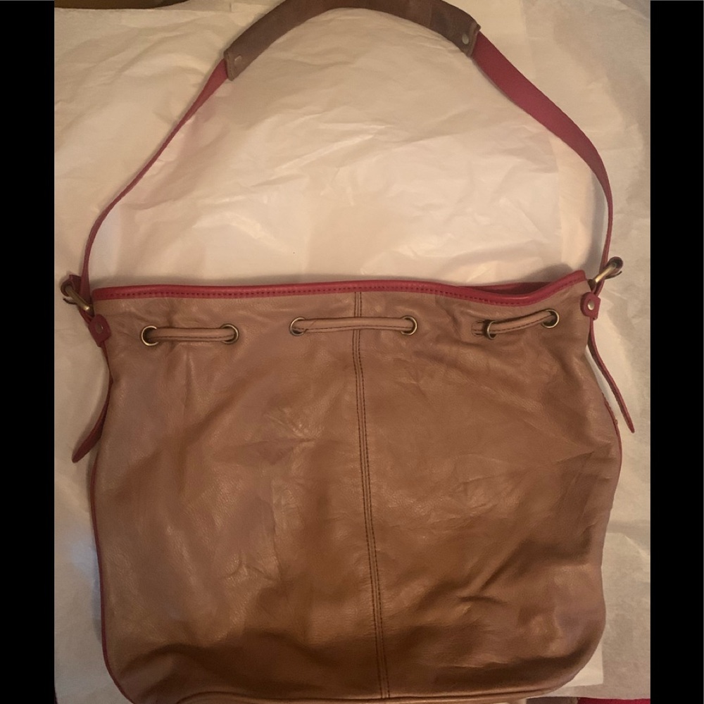 Anthropologie Tan and Red Leather Shoulder Bag - Picture 2 of 6